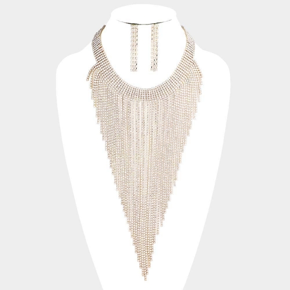 Gold Fringe Pave Rhinestone Crystal Necklace Set - Picture 1 of 2